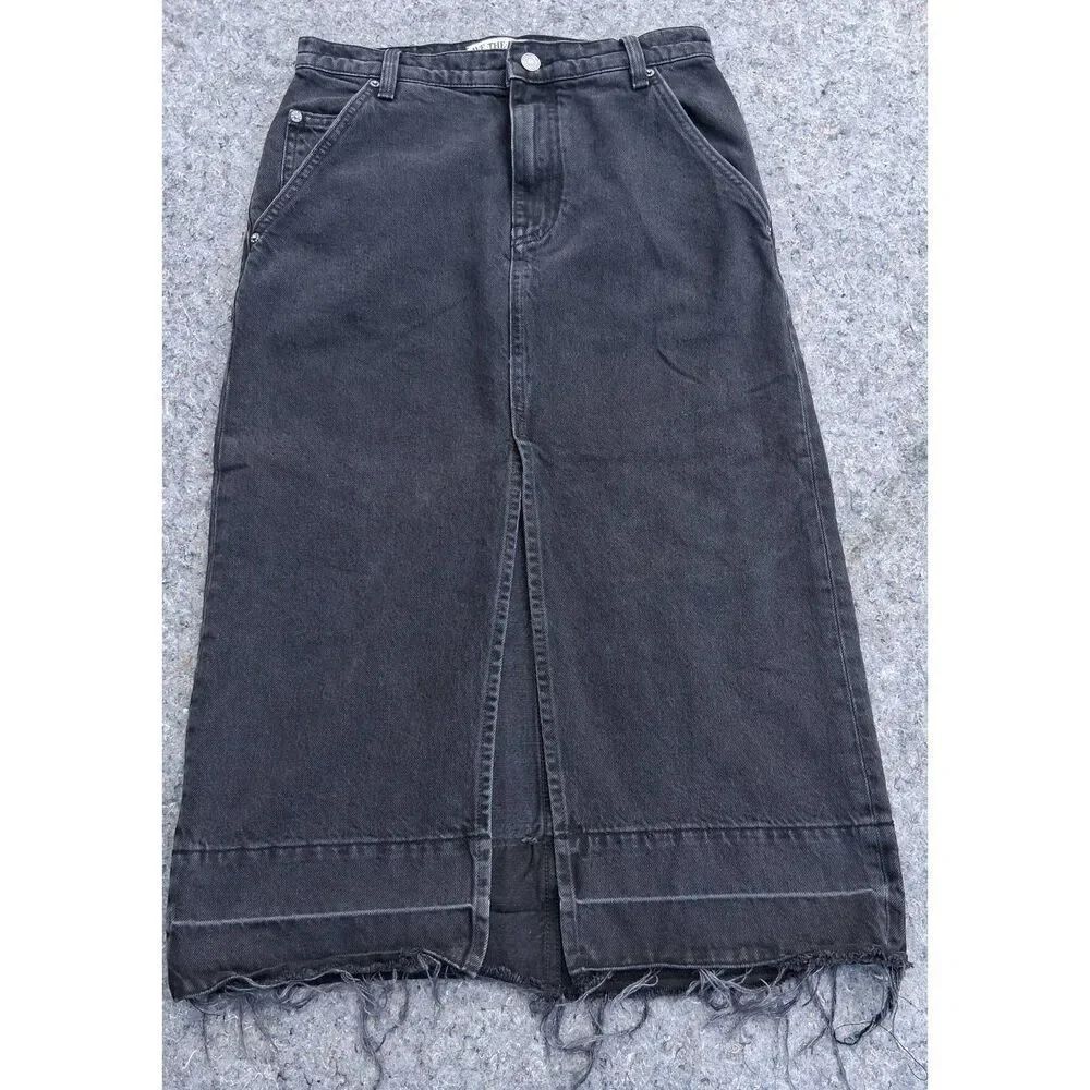 Free People womens size 26 maxi skirt jeans washed black split front frayed
